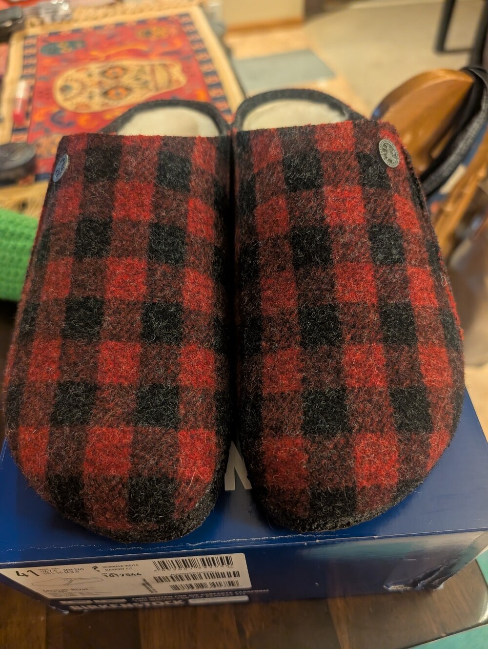 Birkenstock Red and Black Plaid Wool Slippers